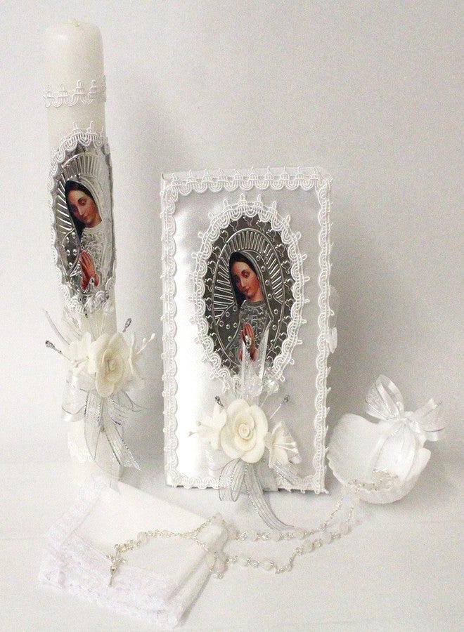 Ooki Elegant Handmade 5 Piece Our Lady Guadalupe Virgin Mary Foil Picture Lace Baptism Christening Shells Candle Set Favors Girl Boy White Set de Bautizo Espanol Nina Nino Communion Lace Gift Box - Image 1